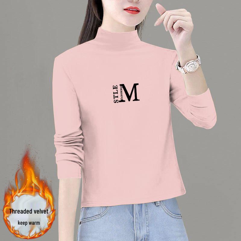 Women's 2024 Velvet Base Shirt: Long-Sleeve, Half-High Neck Top for Spring & Autumn, Trendy and Stylish.
