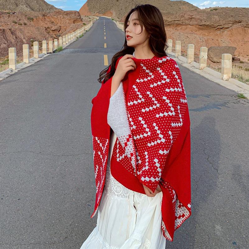 Sun Protection Scarf, Red Knitted Jacket, Travel Photo Cape, Large Shawl for Women, Autumn and Winter
