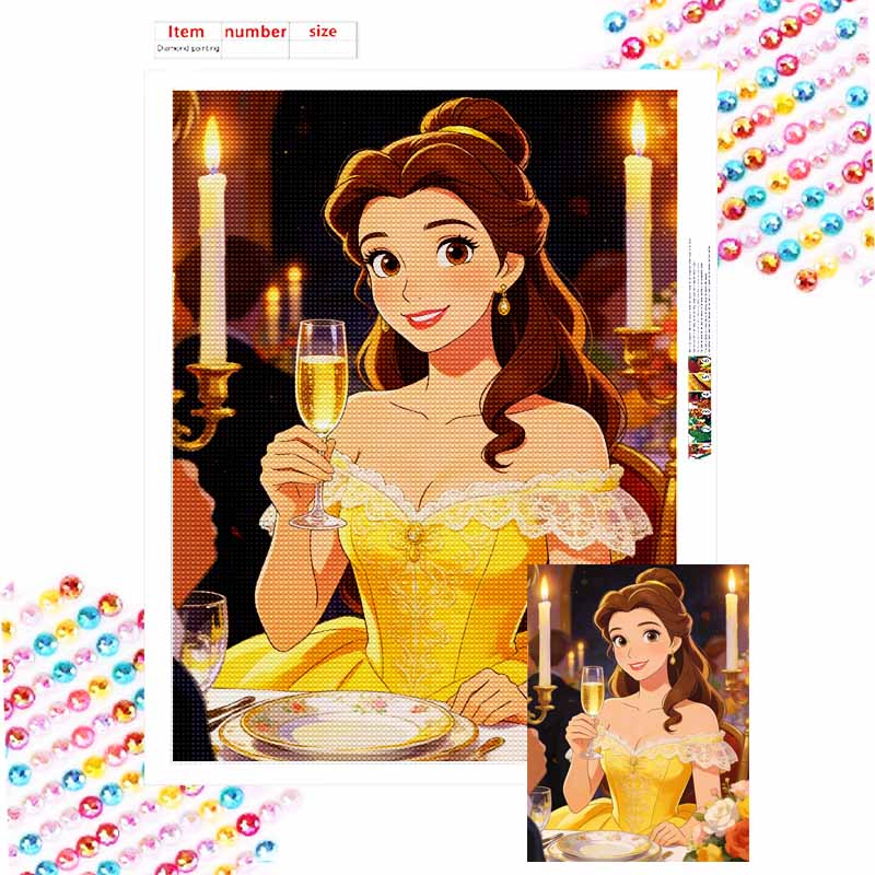 Disney Belle Princess dinner champagne elegant romantic diamond painting art painting handmade diy5D home decoration gift Round 20x30cm