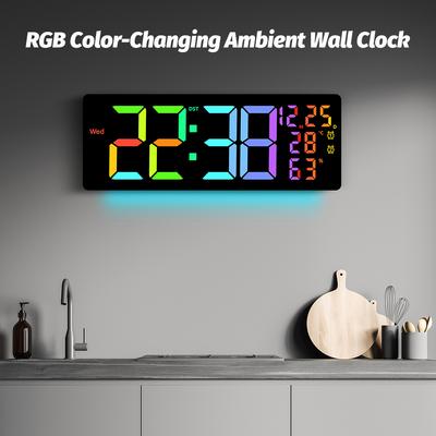 LED Remote Control Digital Wall Clock with RGB Ambient Light Dual Alarms Calendar Brightness Adjustable Wall Lamp for Home Decor
