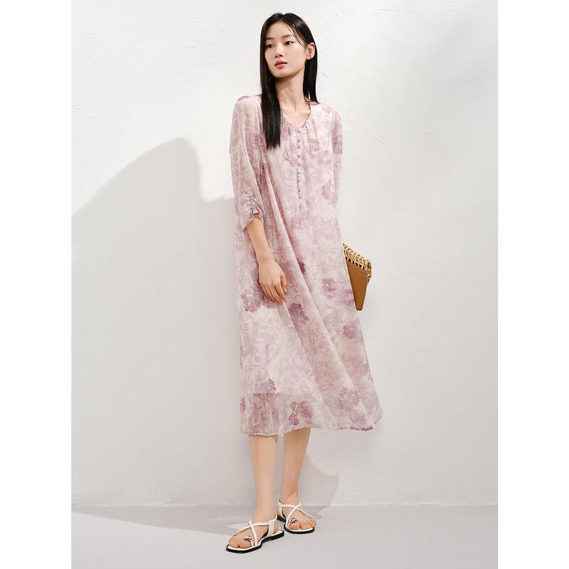 Annacoco Elegant Watercolor Floral Mulberry Silk Dress