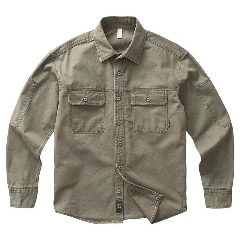Trendy heavy-duty work shirt for men, thickened twill, loose fit, American retro style, spring and autumn, army green shirt jacket