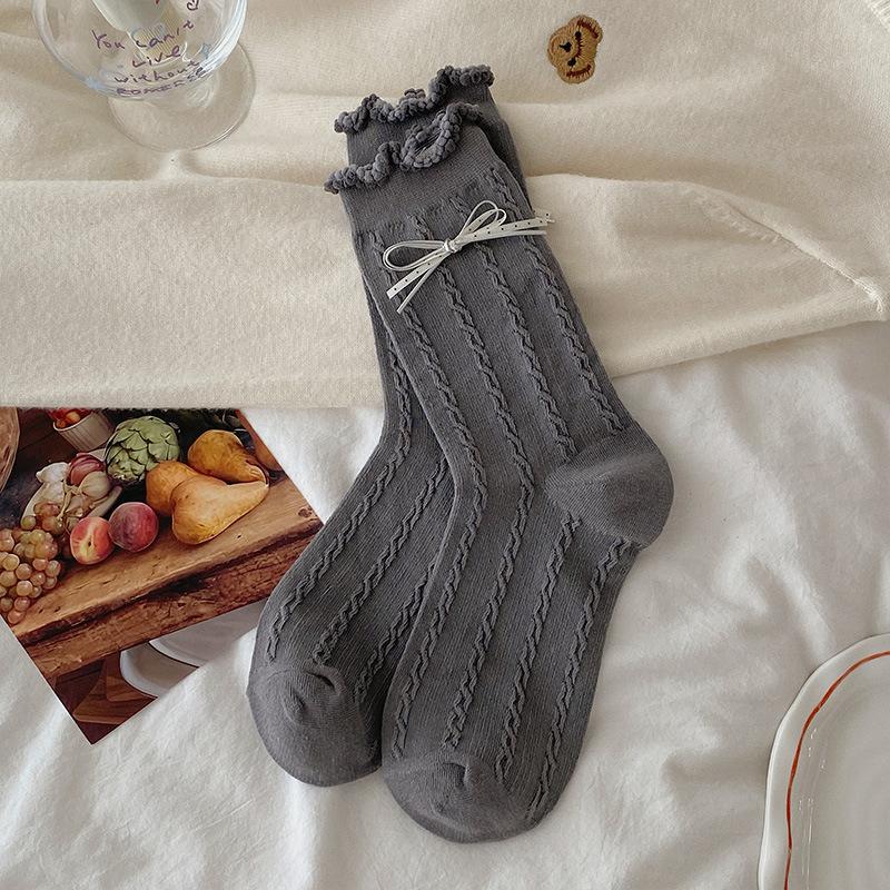 Female Autumn New Style Sweet Double Bow Match Color Lace In The Tube Pile Socks