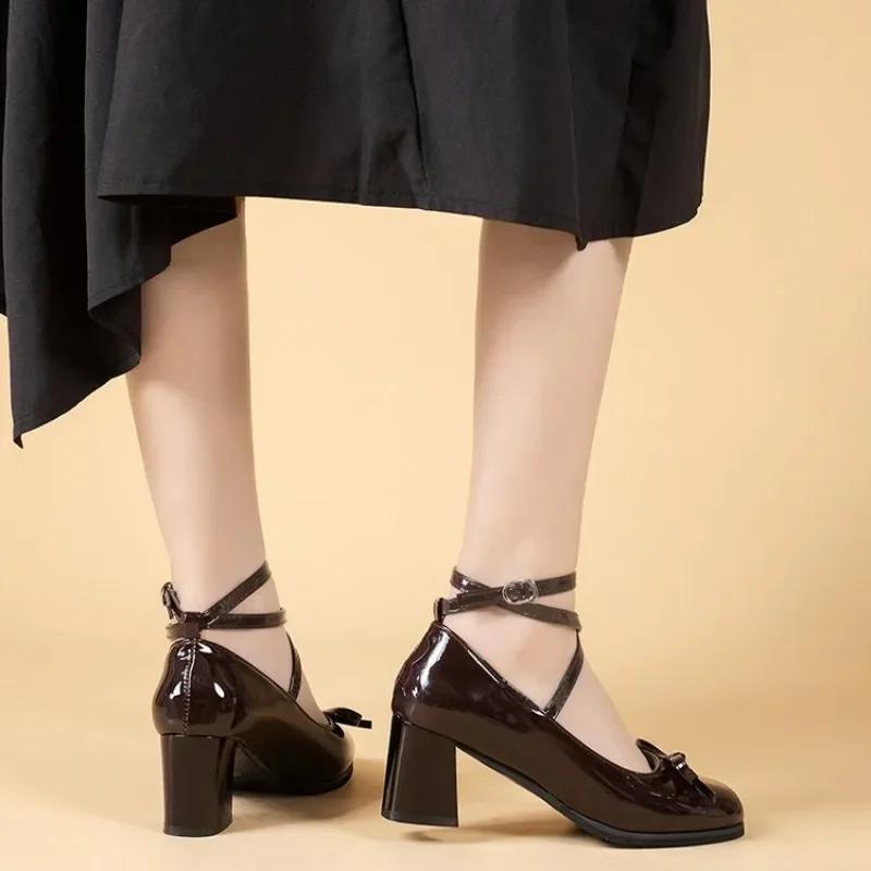 Pantofi de damă la modă cu toc înalt negru, cu cataramă la gleznă, retro, pantofi Mary Jane, primăvară, cu vârf rotund, pantofi cu toc, pantofi lăcuiți cu fundă, mocasini, tacones mujer