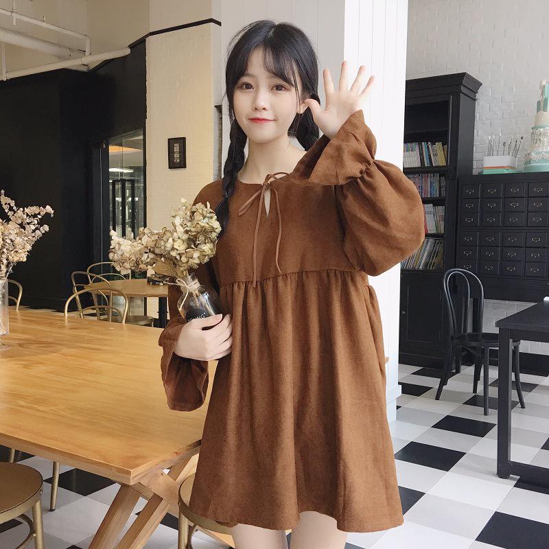 

2025 Spring/Autumn Women s Korean-Japanese Style Lace-up Trumpet Sleeve Midi Dress