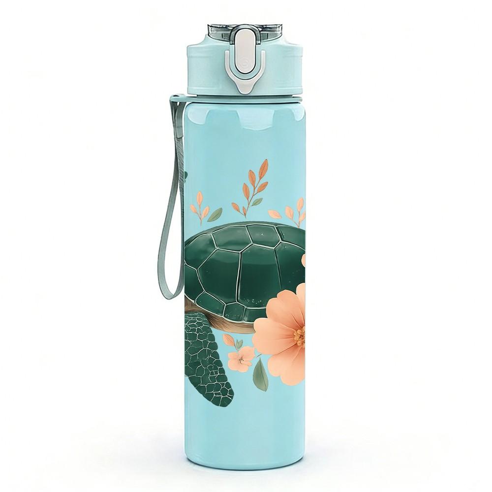 1 PZ Tartaruga Marina con Stampa Floreale 750ml Bottiglia d'Acqua Sportiva in Plastica Colorata Tappo Flip a Cannuccia Antigoccia Adatta per Sport Ufficio Uso Domestico