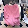 Women's Pink Waffle Knit Lace Trim V Neck Button Front Blouse