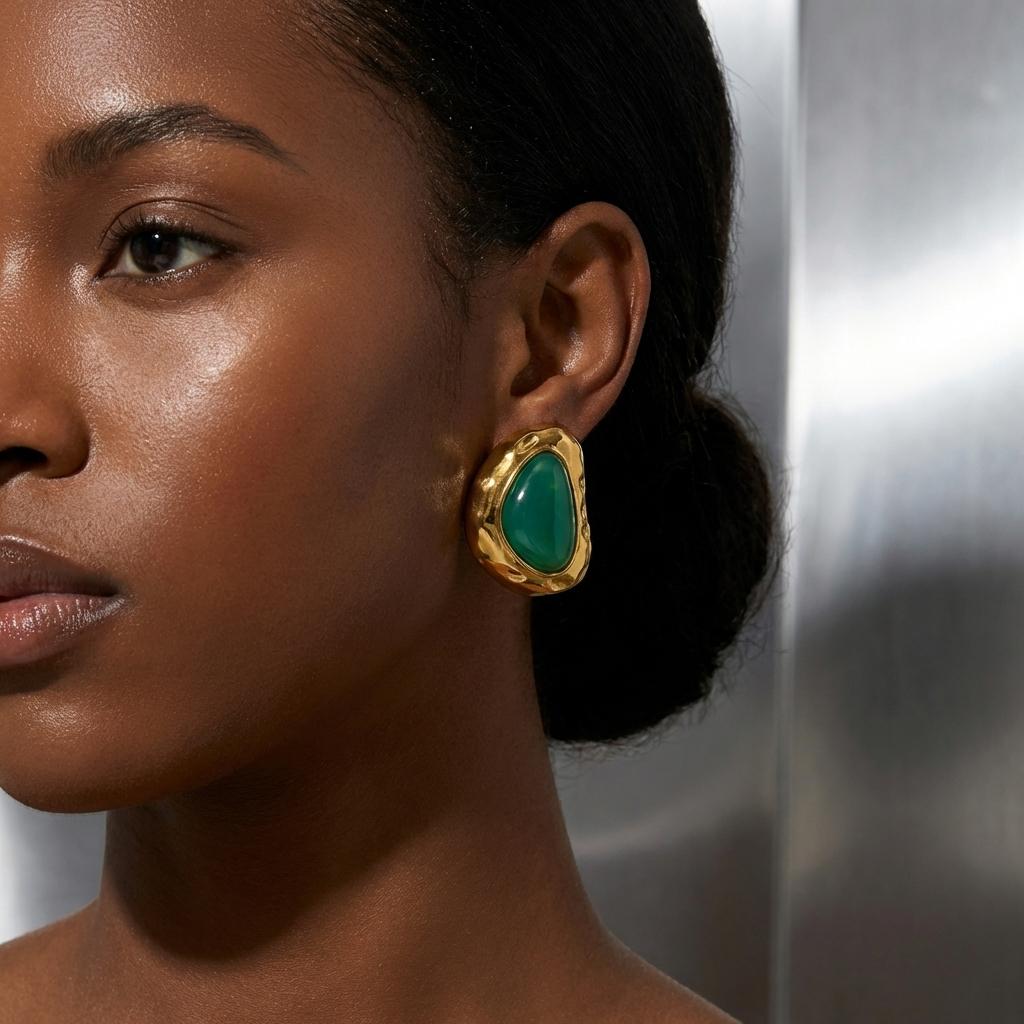 Gold Plated Vintage Irregular Green Resin Stud Earrings For Women Stainless Steel Hypoallergenic Earring Daily Party Jewelry
