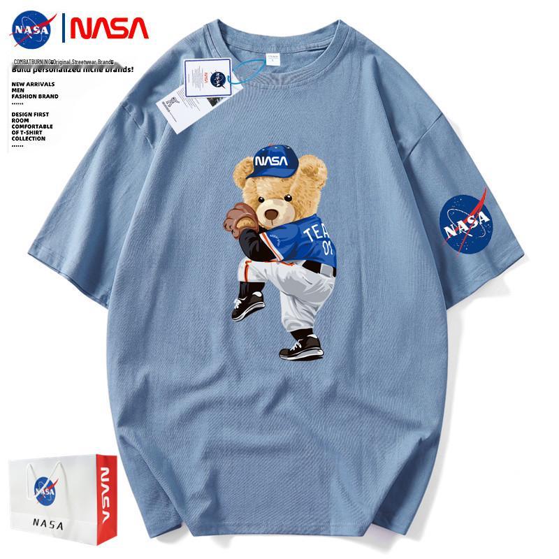Men's NASA Co-branded Bear Print Crew Neck Cotton T-Shirt - Short Sleeve, Casual Streetwear, Plus Size Available