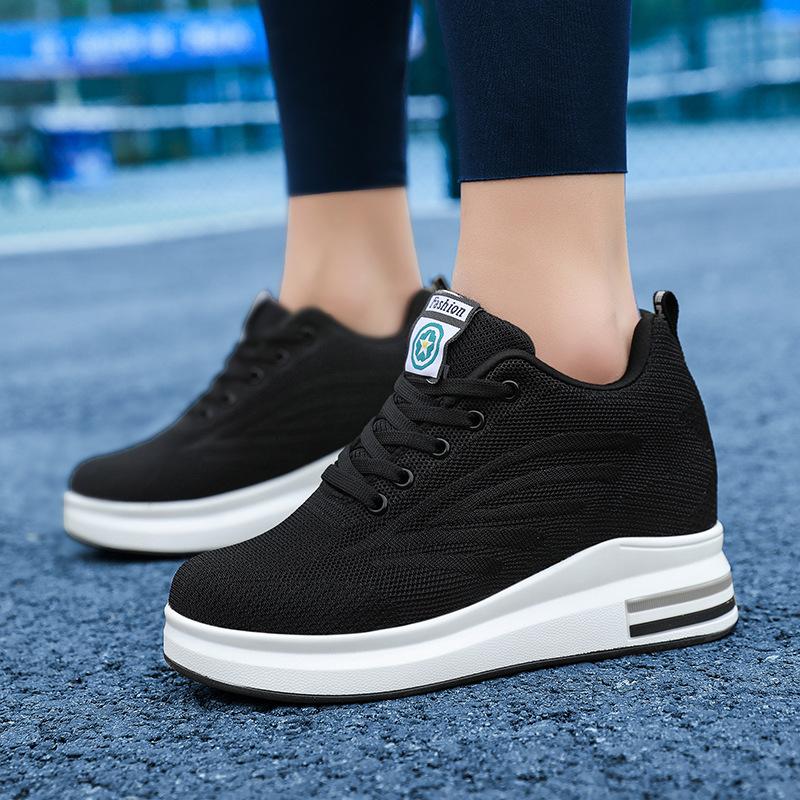 Women's heightening shoes 9CM thick-soled slim-fitting and light mesh breathable black pure white casual shoes mother shoes