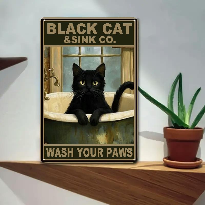 Vintage Black Cat "Wash Your Paws" Metal Tin Sign - Humorous Bathroom Wall Art, Rustic Farmhouse Decor for Home, Bathroom Decor