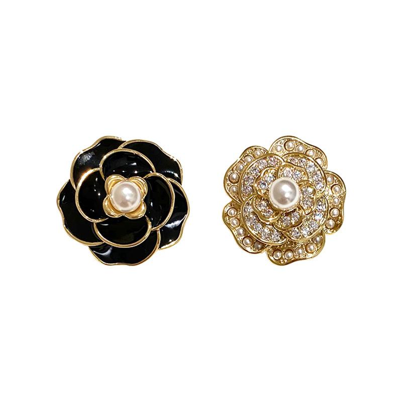 Camellia Flower Earrings Pearl Earring Plated Jewelry Gold Ear Studs Crystal Fashion Luxury Lovely Korea for Women Zinc Alloy чёрный
