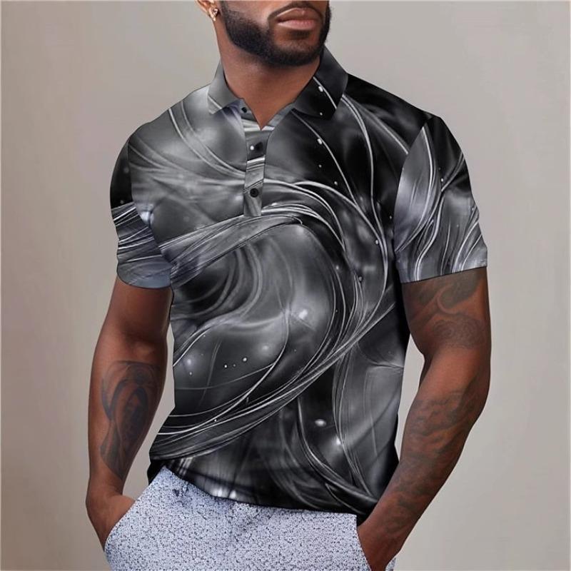 Herren 3D-gedrucktes einfaches atmungsaktives kurzärmeliges Button-Poloshirt