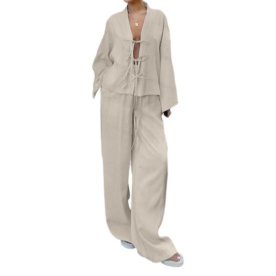 2 pezzi/set donna camicia pantaloni set cardigan con lacci manica lunga camicetta gamba larga pantaloni lunghi