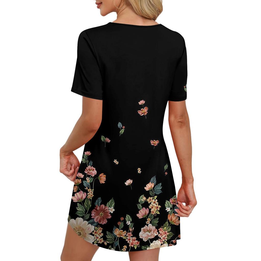 فستان صيفي نسائي كلاسيكي بطبعة زهور وأكمام قصيرة وربطة دائرية وجيب وفستان كاجوال