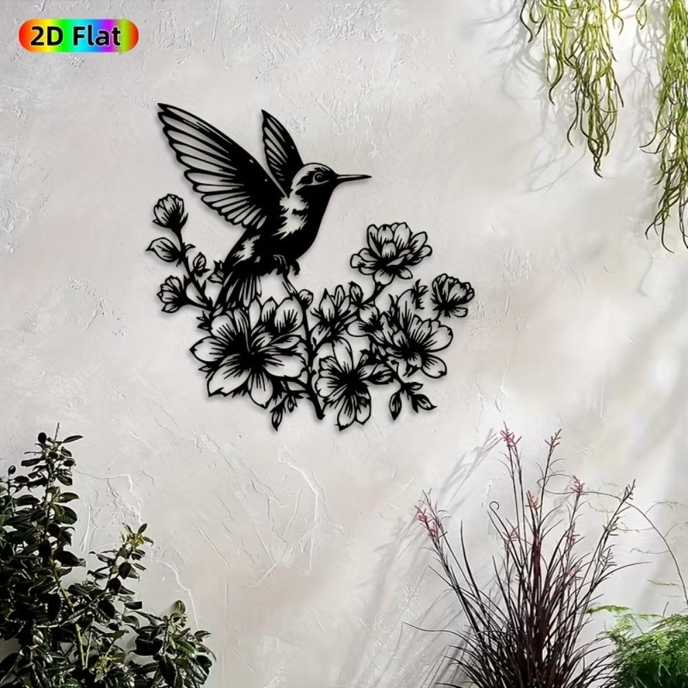 1pc Vintage Metal Hummingbird Wall Art, Iron Garden Sculpture Indoor Outdoor, 3D Bird Flower Decor for Fence Living Room, Weatherproof Nature Gift