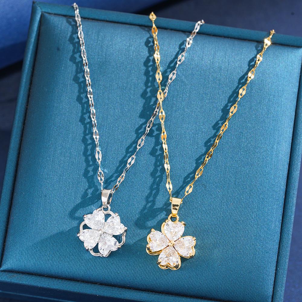 Titanium Steel Diamond Four-Leaf Clover Pendant Necklace - Light Luxury Valentine's Day Edition.