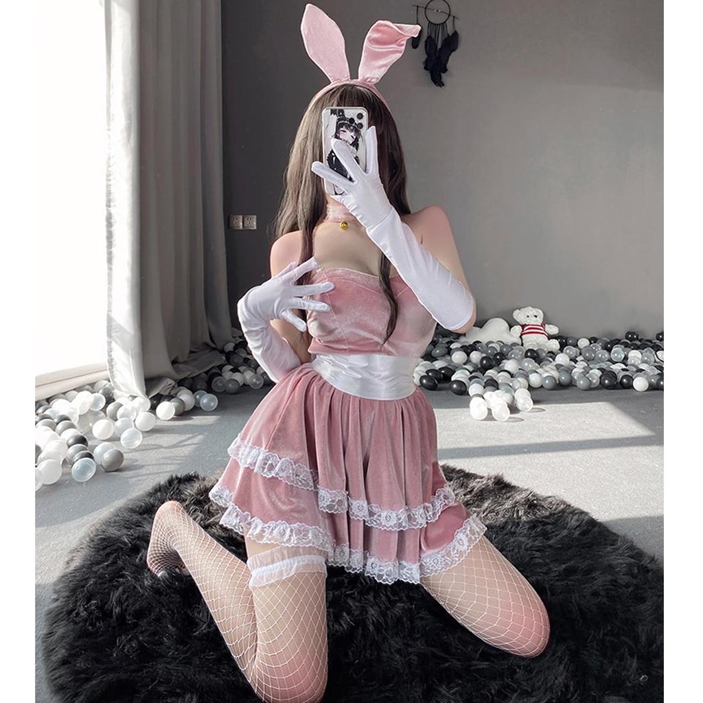 AssassinCat Sexy Pink Bunny Santa Christmas Halloween Costume Stage Performance Cute Velvet Game Adult Photo Luxury Set Costume, Costume, Set,