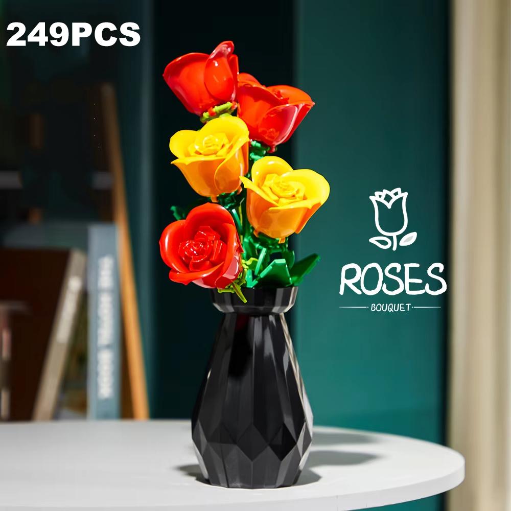 249PCS Rosenstrauß Bausteine Kreative Blume in Vase Modellsteine Desktop Dekoration DIY Spielzeug für Kinder Weihnachtsgeschenke
