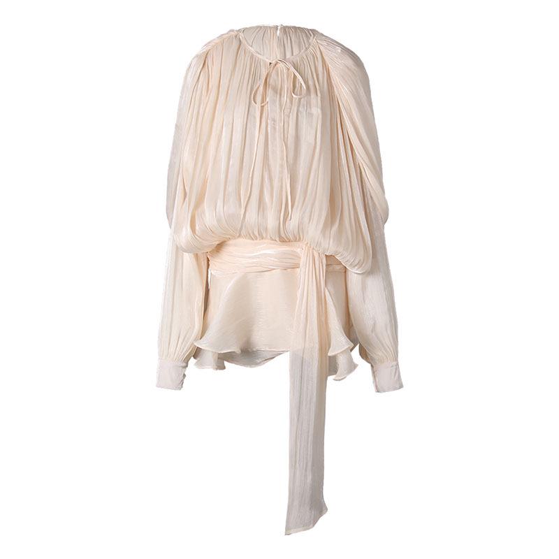 Women's Spring Puff Sleeve Ruffle Dress with Pleated Ribbon Design