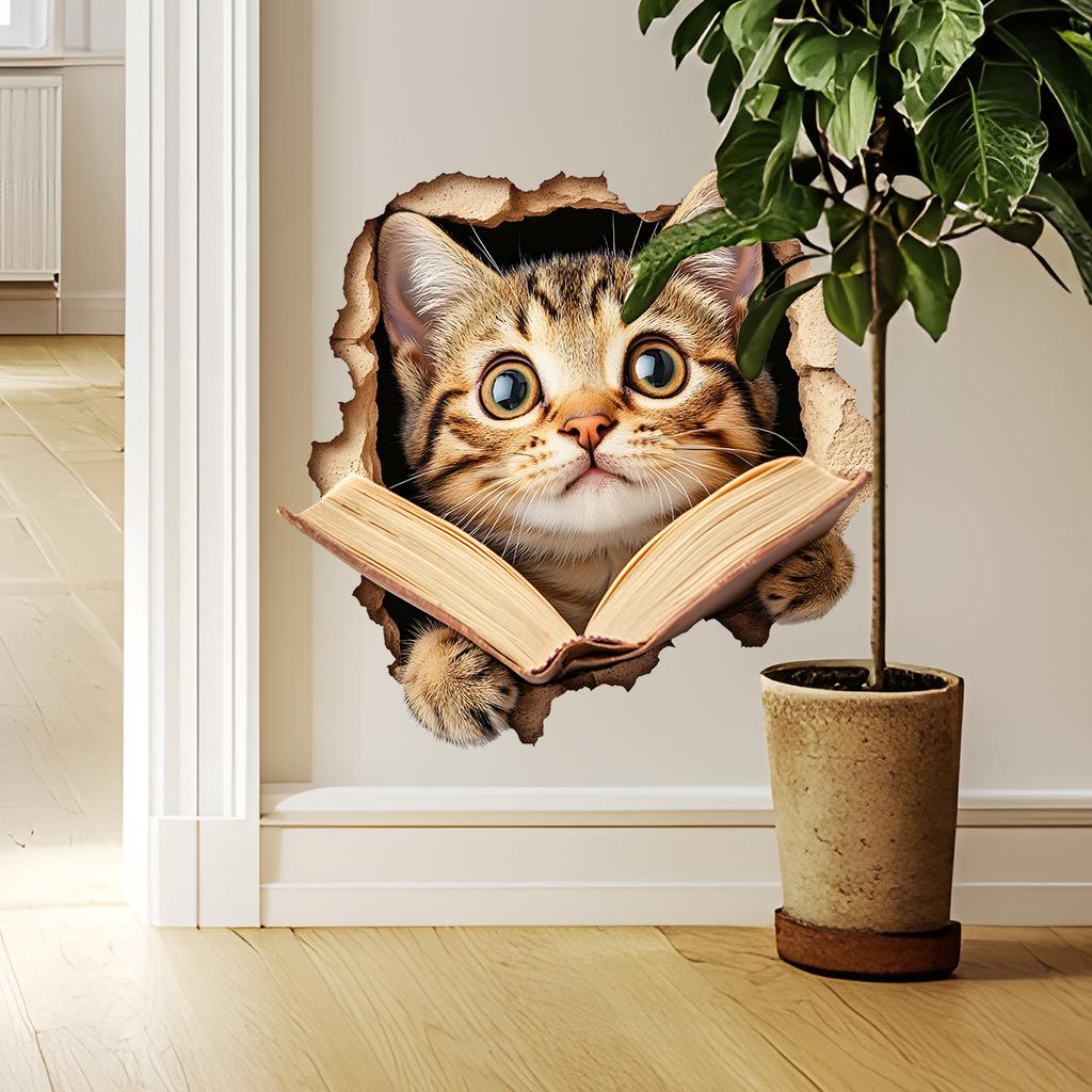 Peek a Boo Reading Cat Wall Sticker Removable Cartoon Decal for Kids Room Nursery Living Room Home Wall Decor