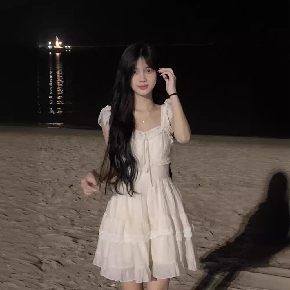 French Style Petite Waist Square Neck Cap Sleeve Dress for Women - Slimming Summer Short Dress