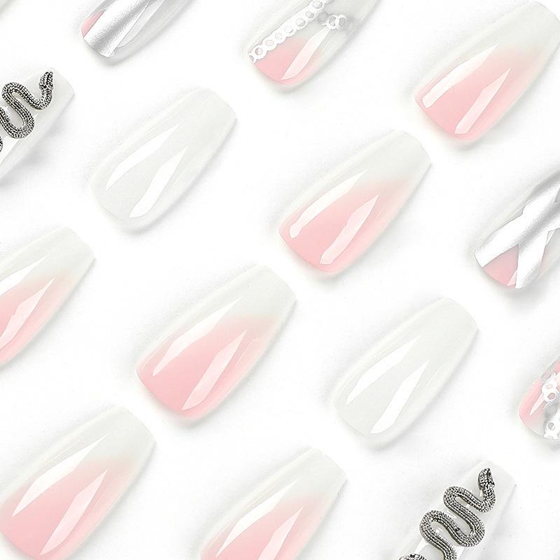 Pink Marble Silver Flame 3D Snake Rhinestone Press-On Nails