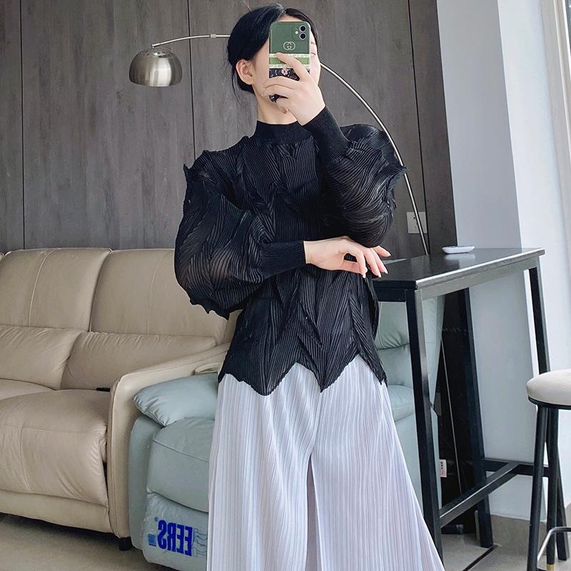 

Women s 2024 Spring Chiffon Pleated Long Sleeve Blouse One Size чорний