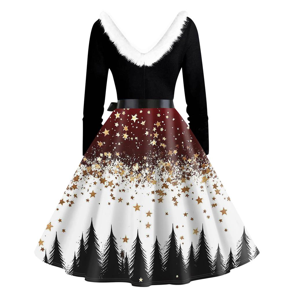 Robes décontractées à col en V pour femmes, coupe ajustée, imprimées de Noël, à manches longues, col pour cheveux