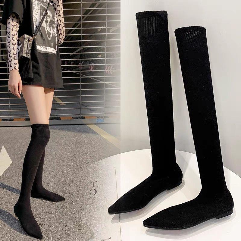 Internet Celebrity Winter Flat Boots Knitted Wool Women's Shoes Socks Pointed Elastic Thick Heel Martin Women's Boots