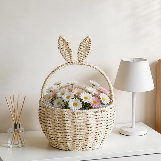 Flower Arrangement Basket, with Built-in Waterproof Lining Design, Weaving Cute Bunny Ear Handle Floral Basket for Wedding Camping
