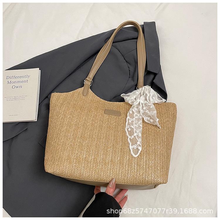 Foreign Silk Scarf Big Bag Women's 2025 New Summer Woven Straw Bag Seaside Beach Bag Large Capacity Shoulder Bag