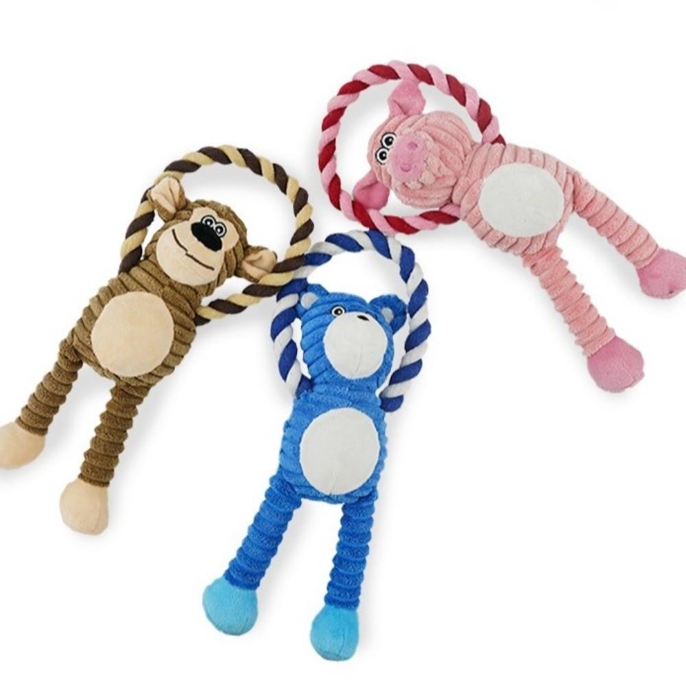 Funny Bite Resistant Dog Chew Knot Toy Animals Shaped Cartoon Cotton Rope Pull Ring Sounding Dog Squeaking Toys Training