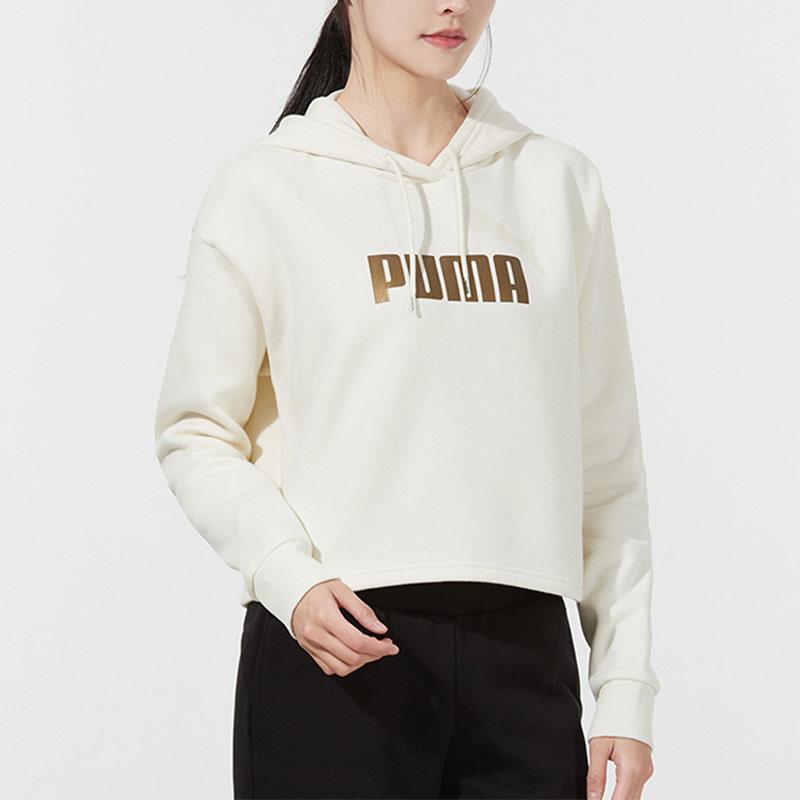 Puma Casual Sports Gold Label Fleece-Lined Short Knit Hoodie Women Tops White 847673-73
