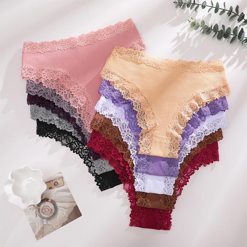 FINETOO 3Pcs Women Cotton Lace Panties Floral Intimate Briefs High Waist Brazilian Panties Female Soft Underpants Lingerie S-XXL