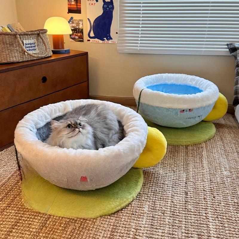 Plush Cup-Shaped Cat Sleeping Bed Winter Warm Coffee Mug House Semi-Enclosed Cozy Kitten Shelter Cute Feline Nap Sanctuary