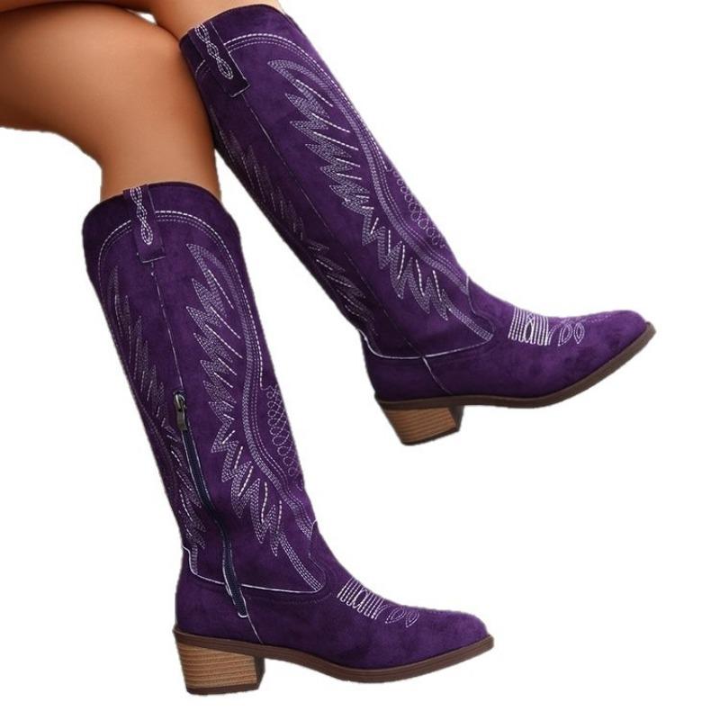 Large size western cowboy knight boots autumn and winter tall tube embroidered side zipper suede outer women's boots