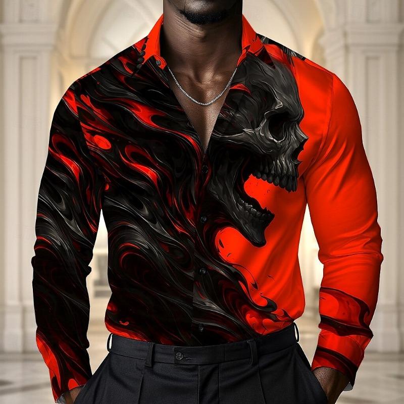 Men's Skull Halloween Costumes Shirt Long Sleeve Dark Gothic Style Holiday Summer Spring Fall Turndown 3D Print Button Up Shirt