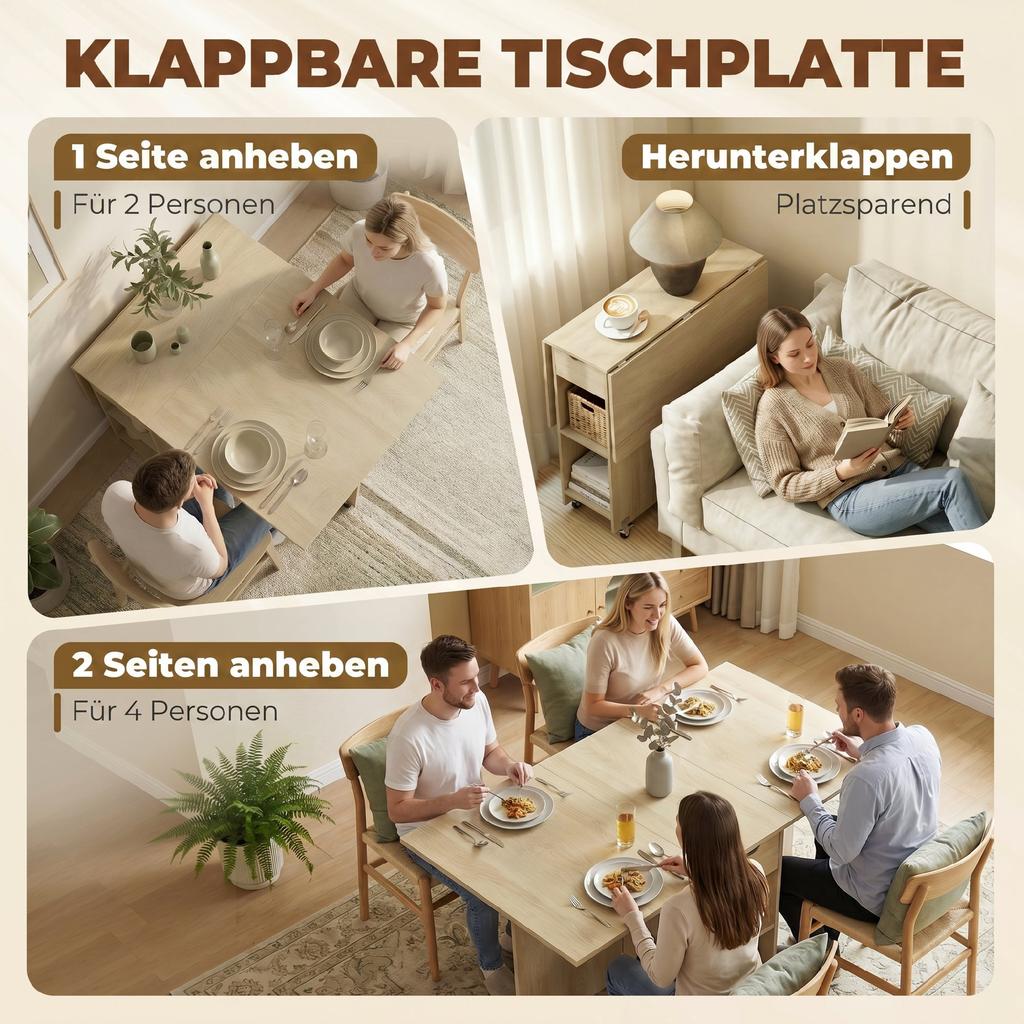 Klappbarer Esstisch für 2-4 Personen, Rollbarer Tisch mit offenem Fach und Schublade, Ideal für kleine Räume, Natur