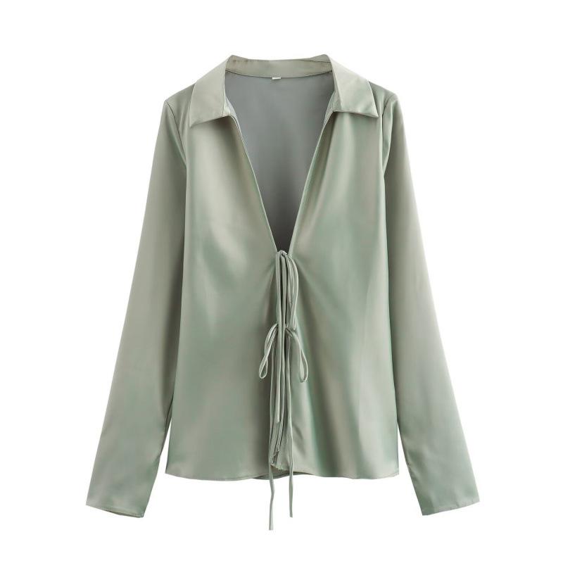

Женская блузка из шелкового сатина с длинным рукавом, украшенная бантом в европейском и американском стиле Extra Small