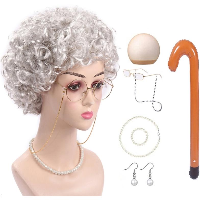 Altes Damen Kostüm für Mädchen Perücke Oma Brille Halskette 100 Tage Schule Kostüm Halloween Oma Kostüm Set