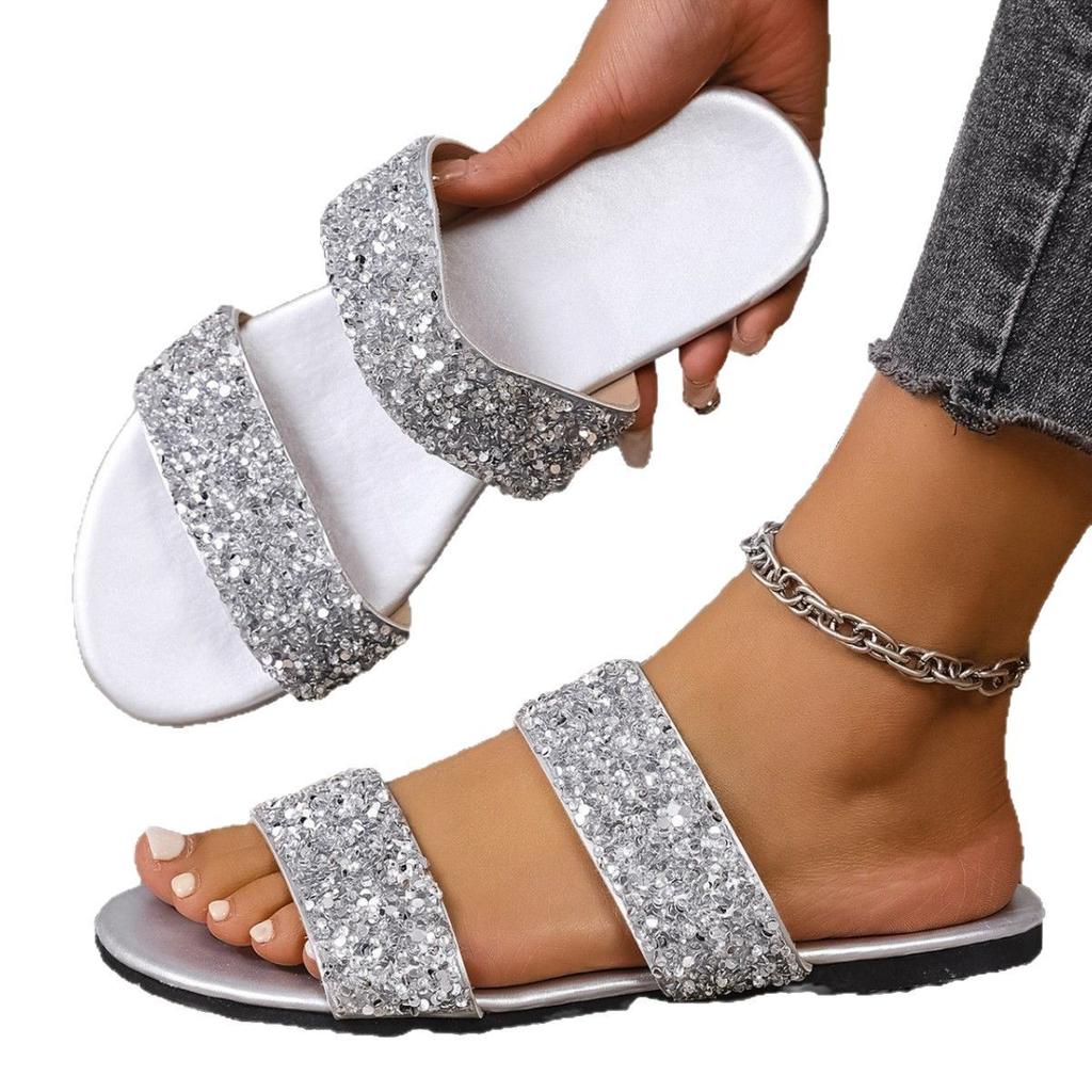African one-word with flat bottom sequin round head women's cool slippers summer leisure beach fish mouth flat bottom women