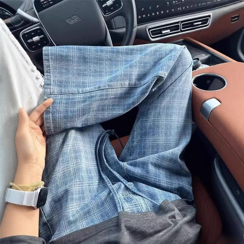 Ladies Washed Plaid Blue Jeans American Retro Loose Women's Wide Leg Pants Autumn Versatile Female High Waisted Pant