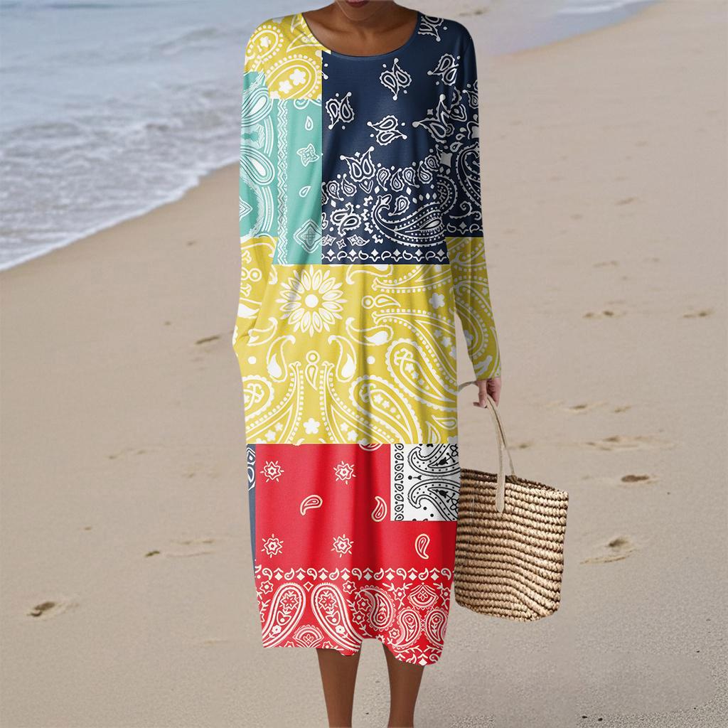Women's Fashion Casual Retro Print Round Neck Pocket Elegant Temperament Dress