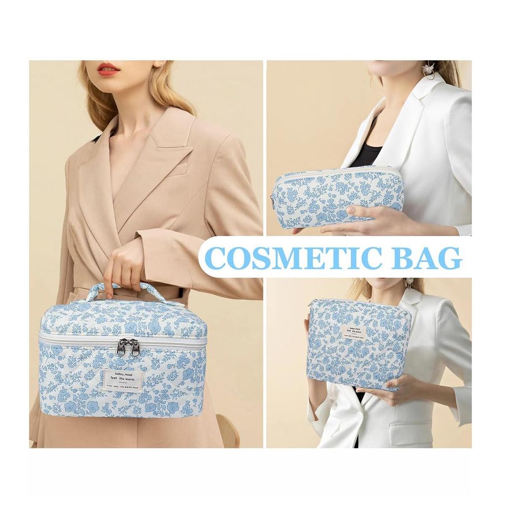 Floral Makeup Bag Quilted Cosmetic Large Capacity Travel Makeup Pouch Set of Blue Set, Pouch, 3,