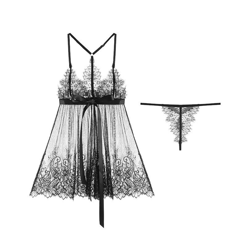 

Women’s Sexy Deep V Cami Nightgown and T-Back Thong Set Backless Sheer Lace Sleepwear with Sweet Bow