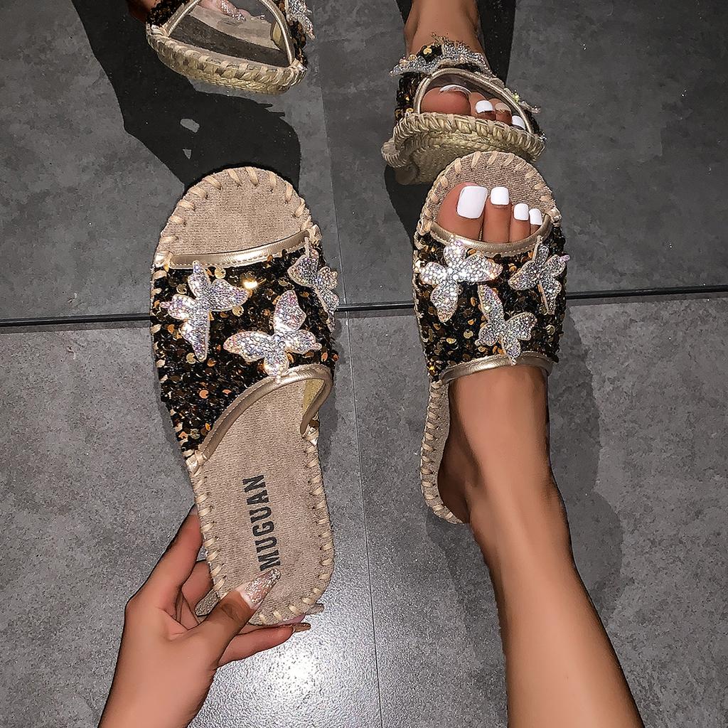 Fashion Women Shiny Slippers 2024 New Summer Fashion Sequins Sandals Butterfly Rhinestones Sandals Casual Flats Shoes Zapatos De Mujer