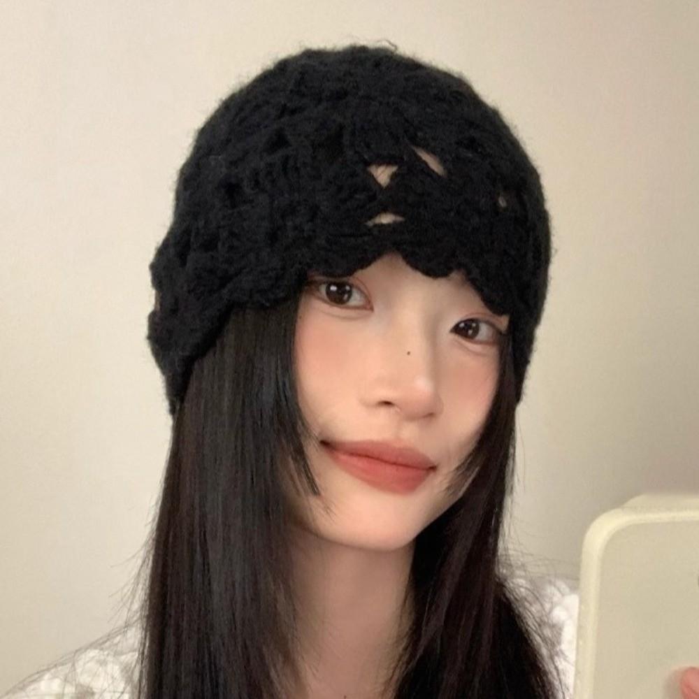 Handmade Knitted Pullover Hat Hollow Beanies Cap Sweet Crochet Flower Hat  Ladies