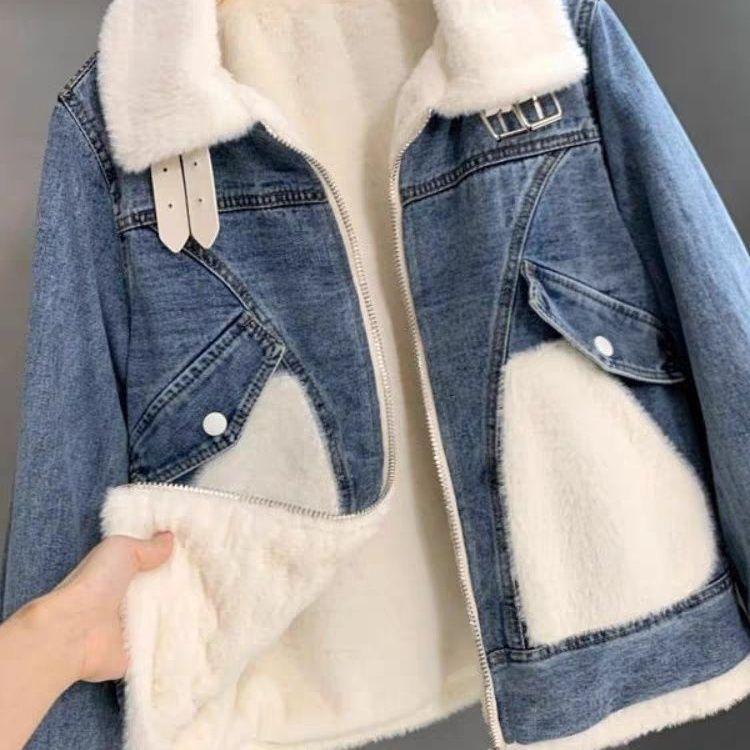 Cozy Denim Jacket with Faux Mink Fur Trim, Ideal for Fall and Winter