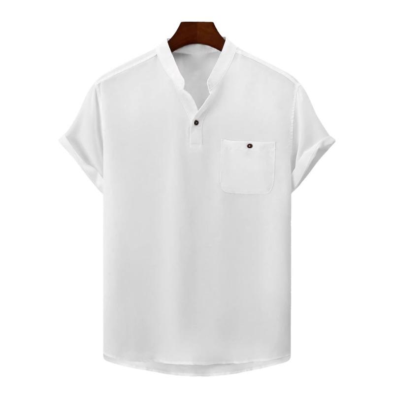 Men Linen Blend Henley Neck Pocket Short Sleeve Casual Beach Vacation Shirt S